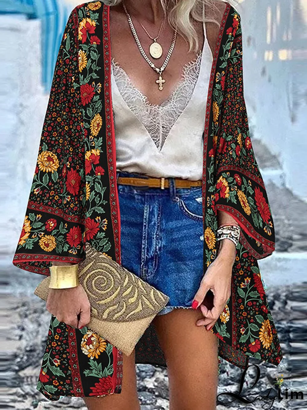 Bohemian Floral Print Loose Long Sleeve Kimono