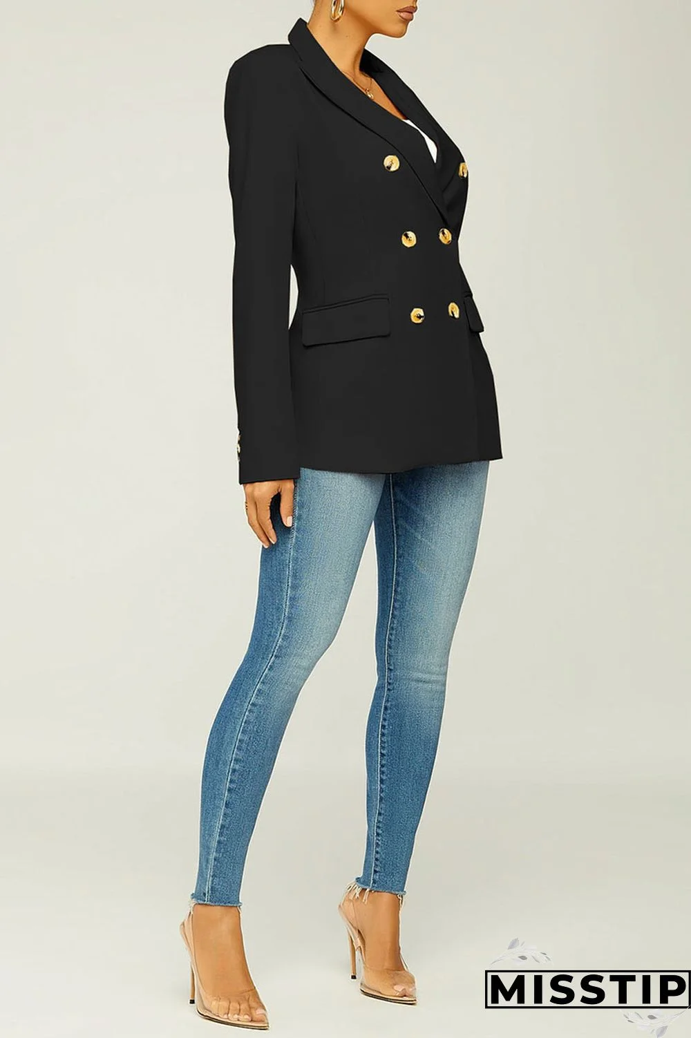 Black Casual Solid Patchwork Turn-back Collar Outerwear