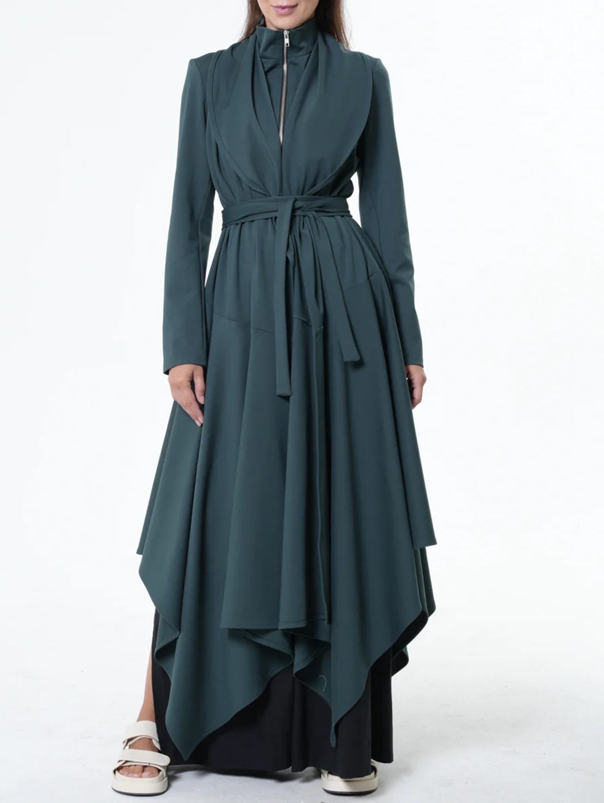 Stand Collar Half Zip Irregular Hem Belt Maxi Dress