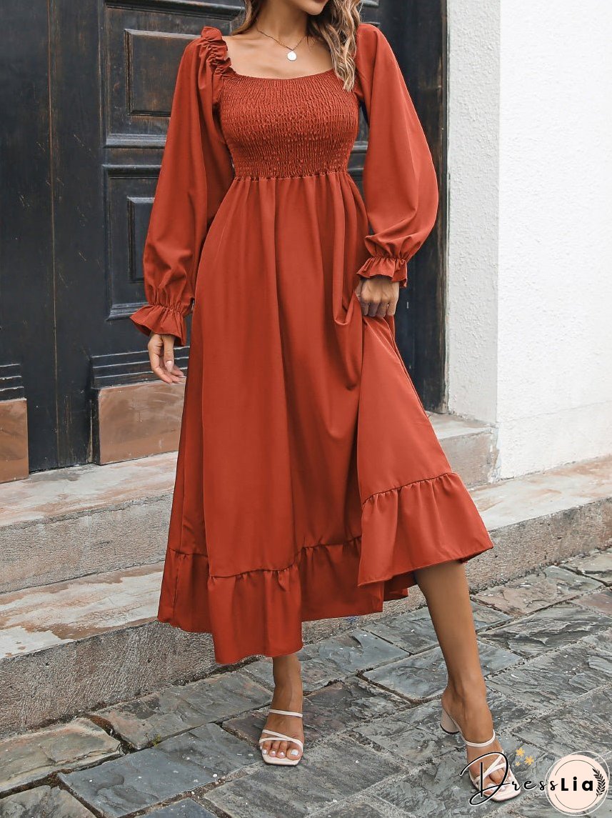 Casual Square Neck Long Sleeve Ruffle Dress