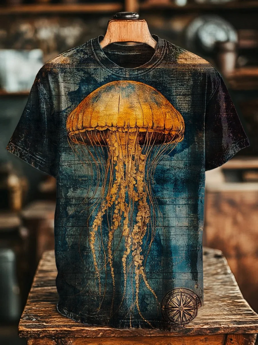 Eagerlys Unisex Retro Nautical Jellyfish Art Print T-shirt Eagerlys
