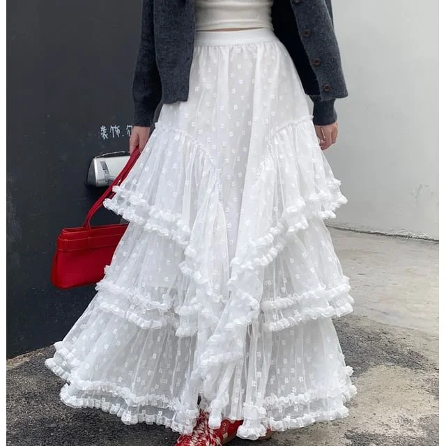 High Floral Asymmetrical A-Line Rise Ruffle Skirt Maxi