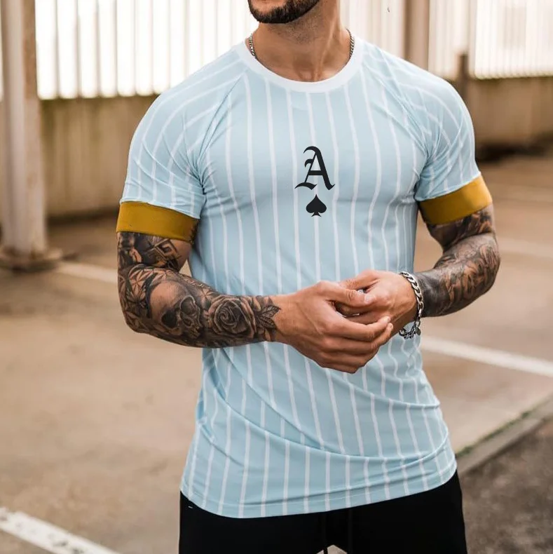 Men's Fashion Spades Ace Stripe Print Casual Short Sleeve T-Shirt