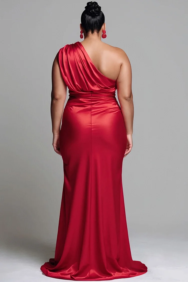 Xpluswear Design Plus Size Formal Red Oblique Collar Split Elegant Ruffled Satin Maxi Dresses [Pre-Order]