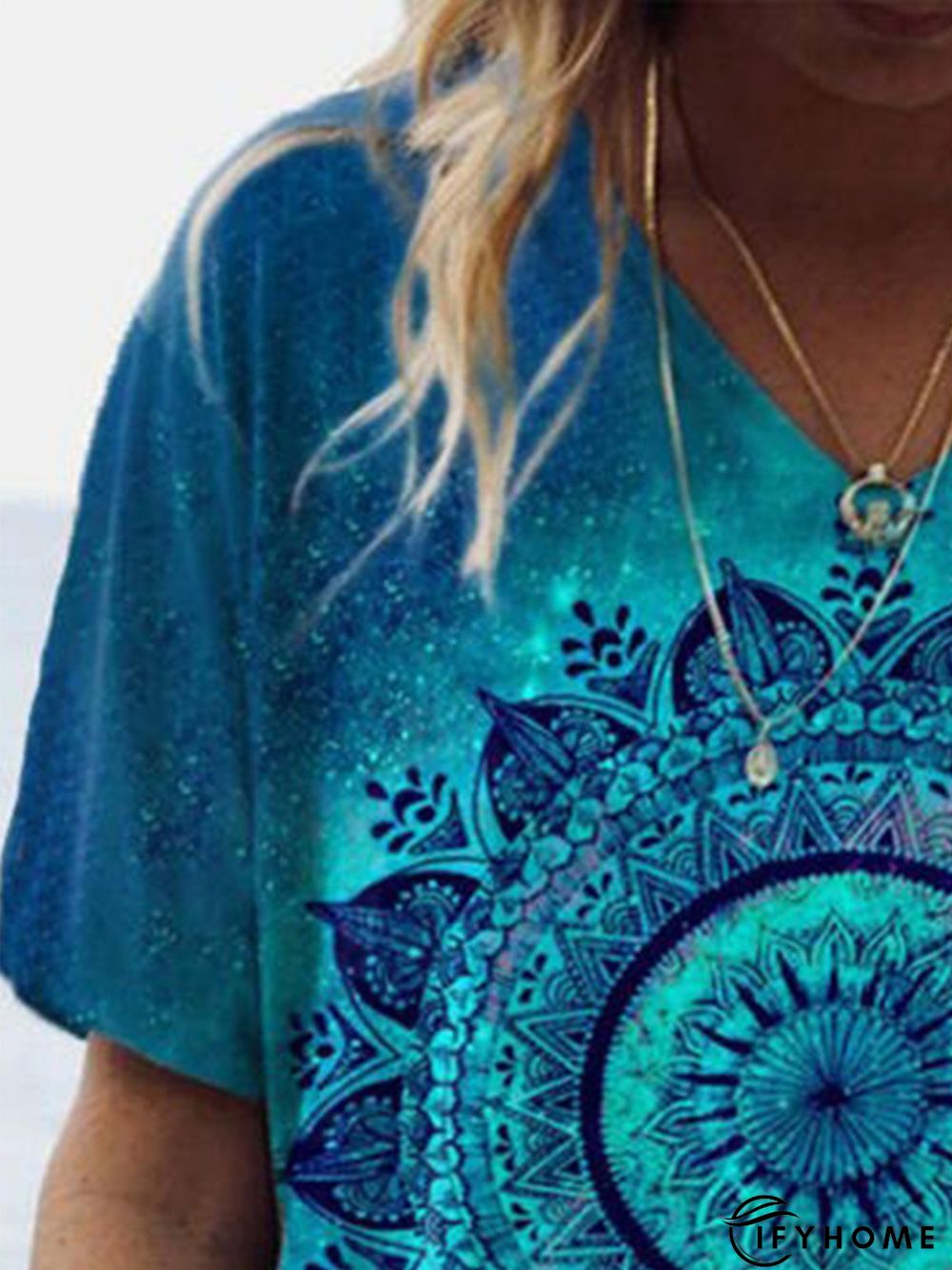 Vintage Geometric Floral Printed V Neck Short Sleeve Casual Top | IFYHOME