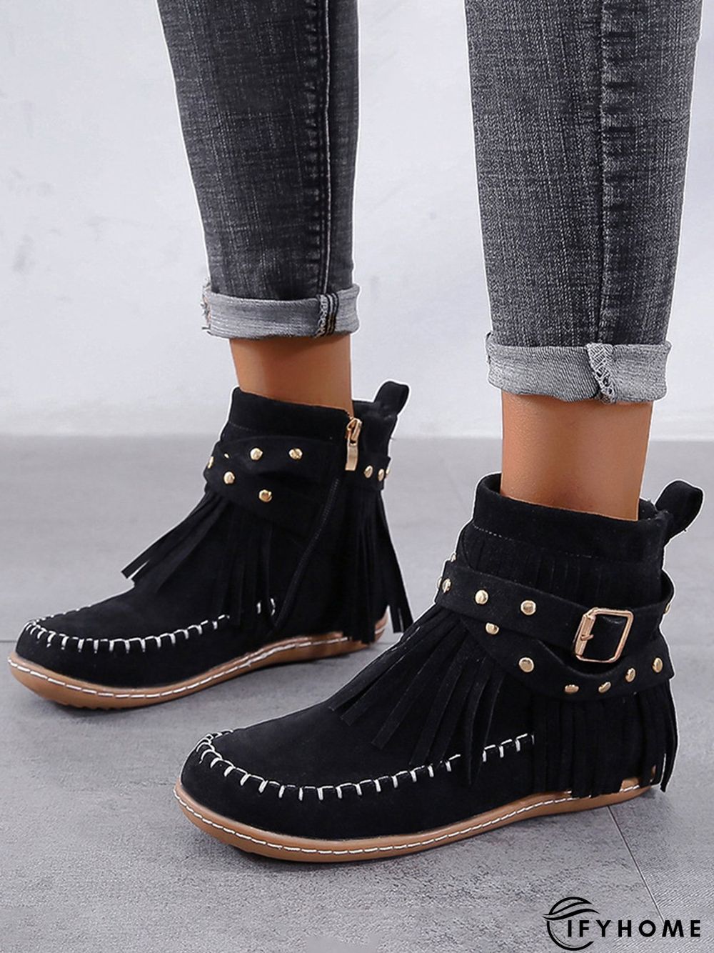 Vintage Fringe Studded Flat Round Toe Buckle Booties | IFYHOME