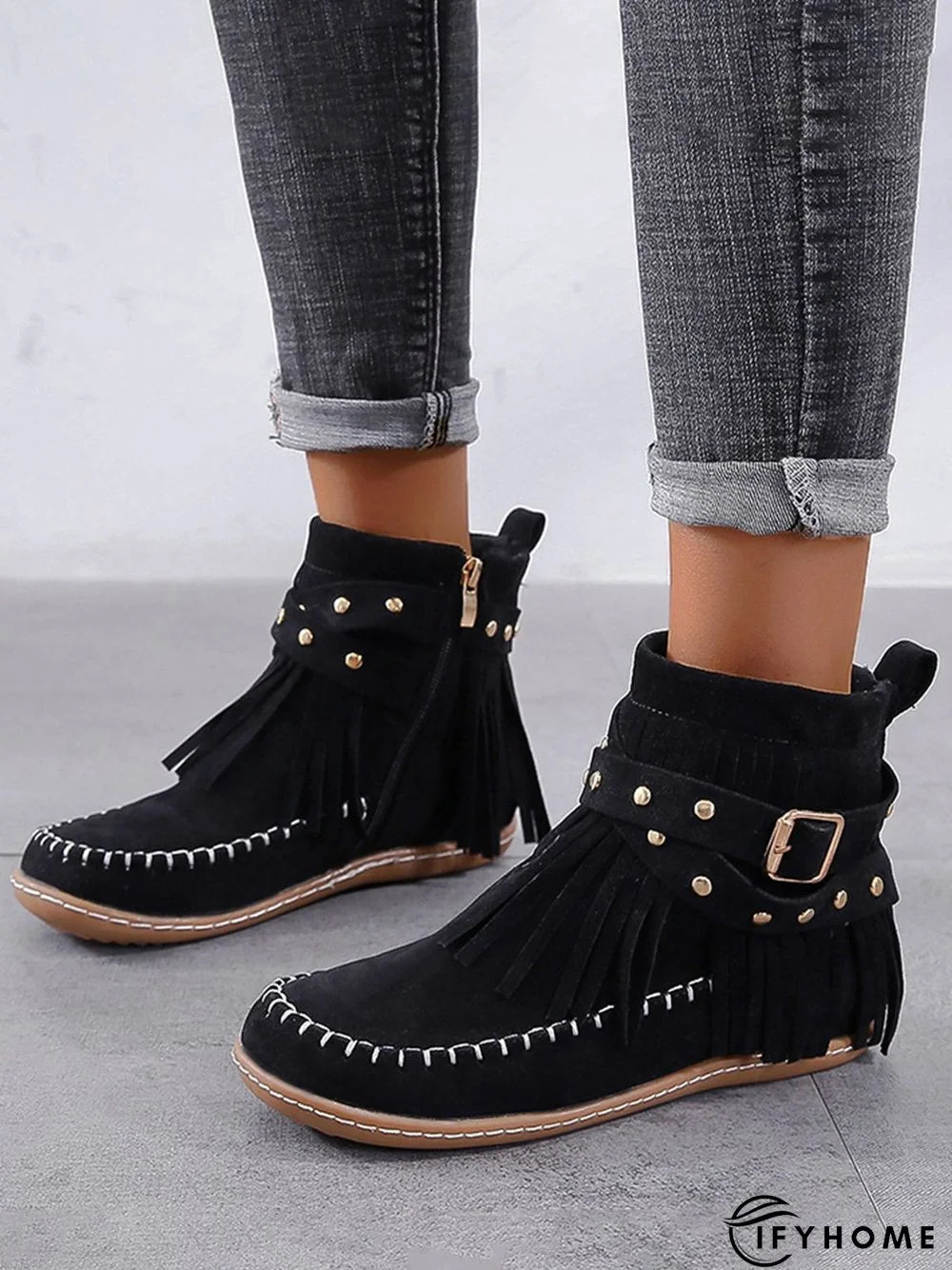 Vintage Fringe Studded Flat Round Toe Buckle Booties | IFYHOME