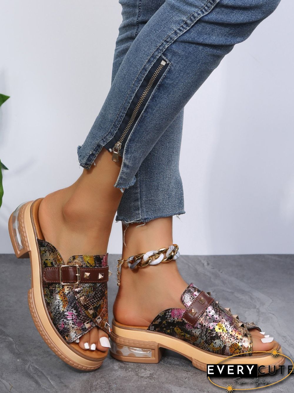 Urban Studded Snake Print Chunky Heel Slippers