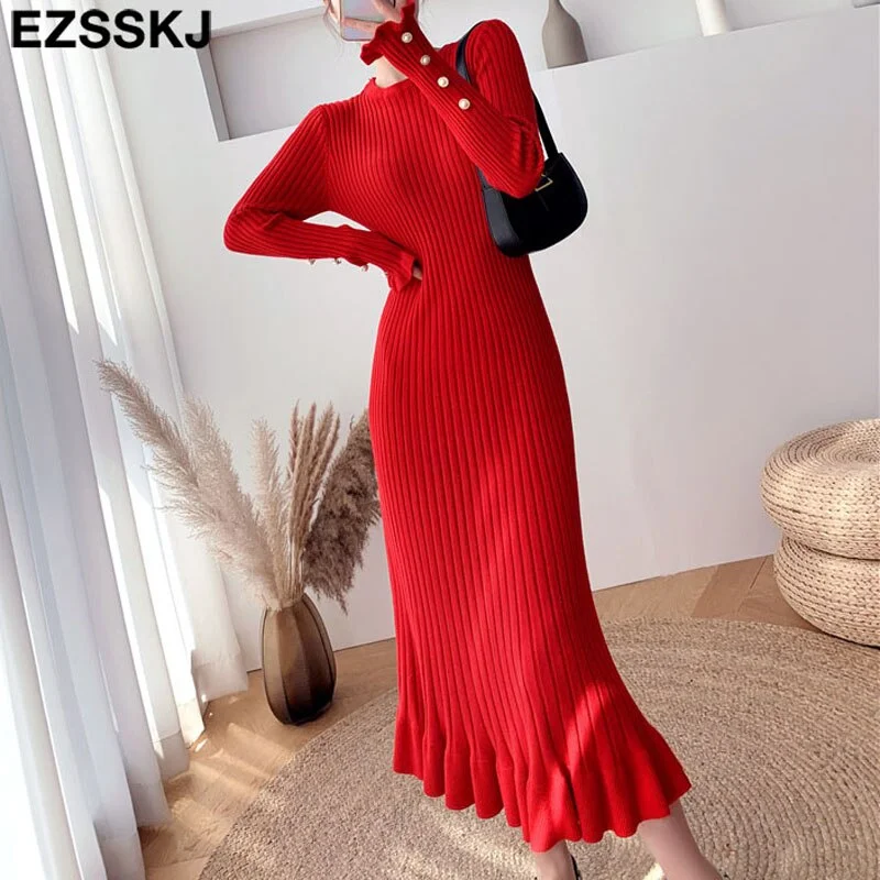 Ezsskj autumn winter thick mermaid maxi sweater dress women o-neck long sweater dress elegant female a-line slim sexy knit dress
