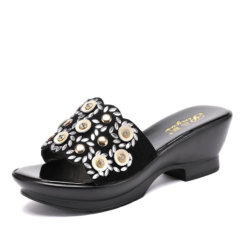 GKTINOO Women Slipper's 2022 Ladies Summer Slippers Shoes Women Wedges Heels Fashion Rhinestone Summer Shoes Geuine Leather