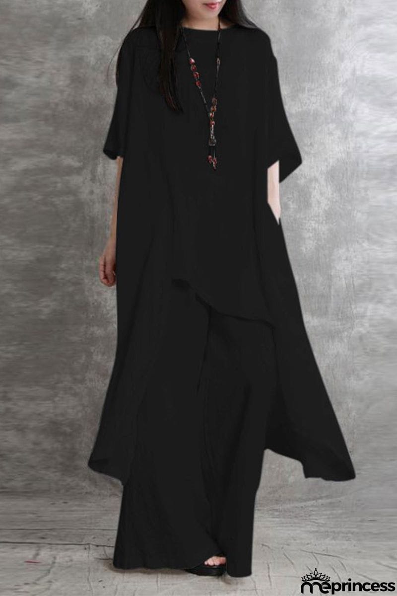 Casual Solid Pocket Asymmetrical O Neck Two Pieces