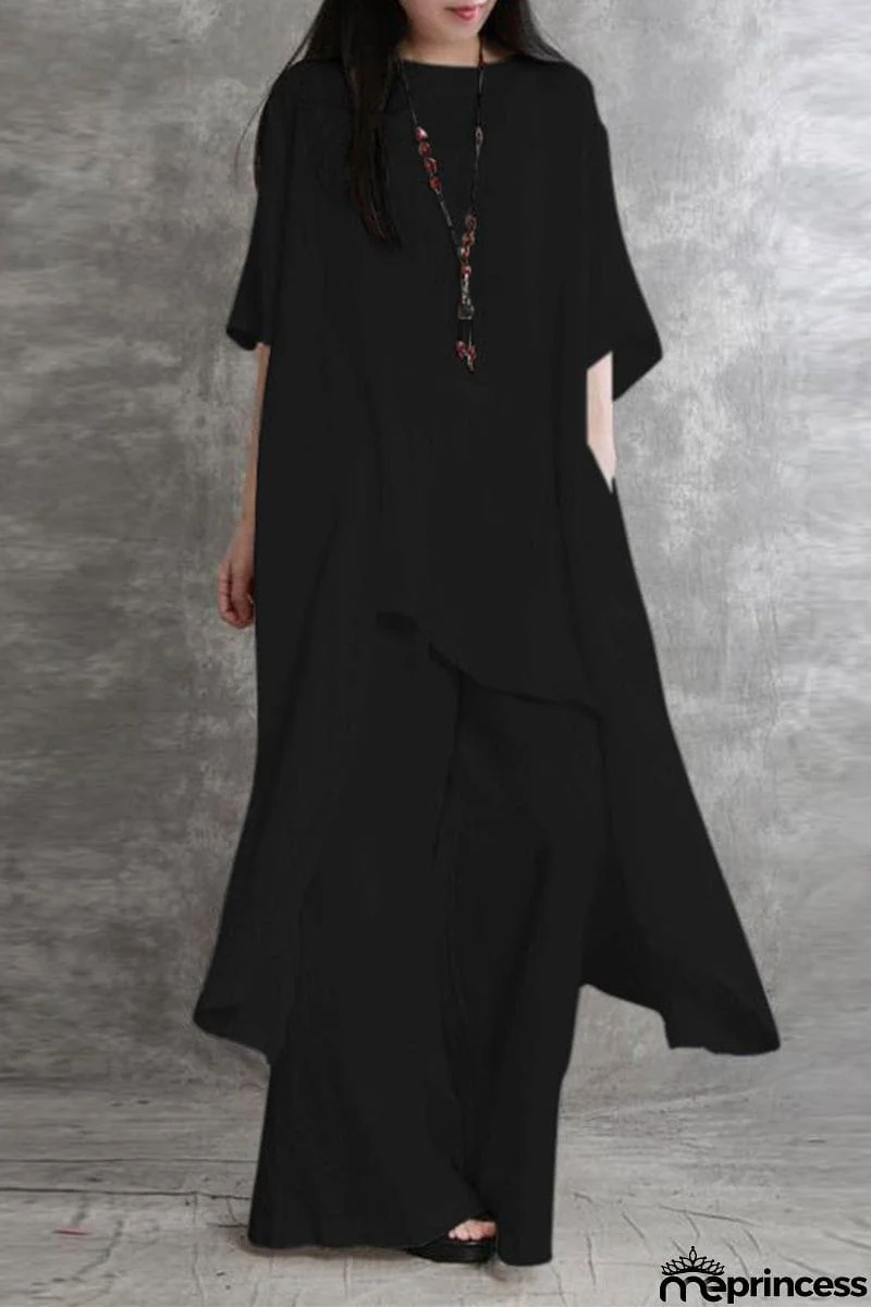 Casual Solid Pocket Asymmetrical O Neck Two Pieces