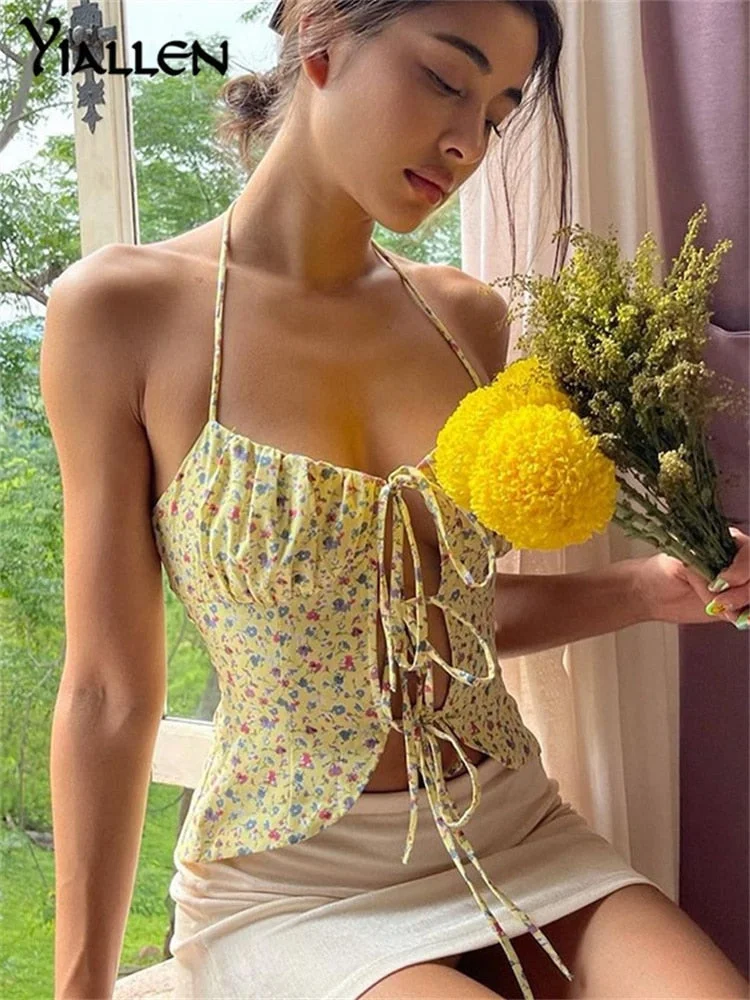 Yiallen Summer Floral Print Halter Neck Women Crop Top Backless  Hollow Out 2022 New Boho Cami Y2K Sexy Tank Tops Sleeveless Hot