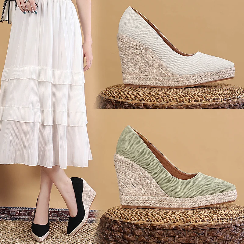 Wongn Wongn And Autumn New Slope Heel Thick Bottom Shallow Mouth Pointed Single Shoes Women Grass Hemp Rope Bottom Large Size Shoes