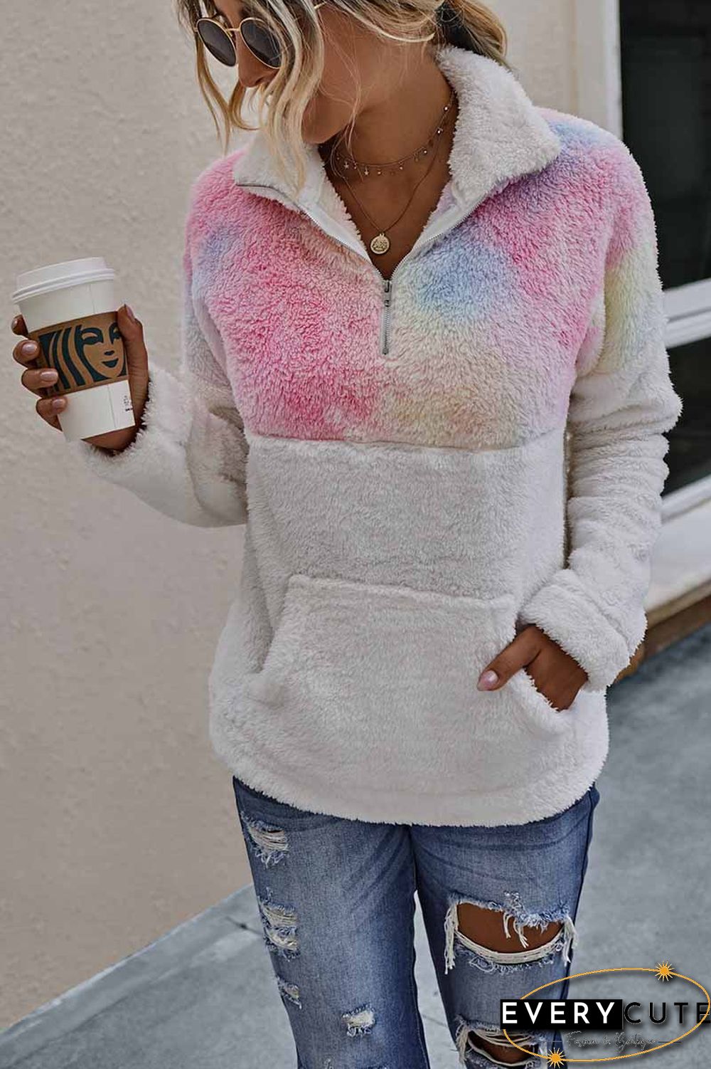 Tie-Dye Stitching Plush Top With Pockets