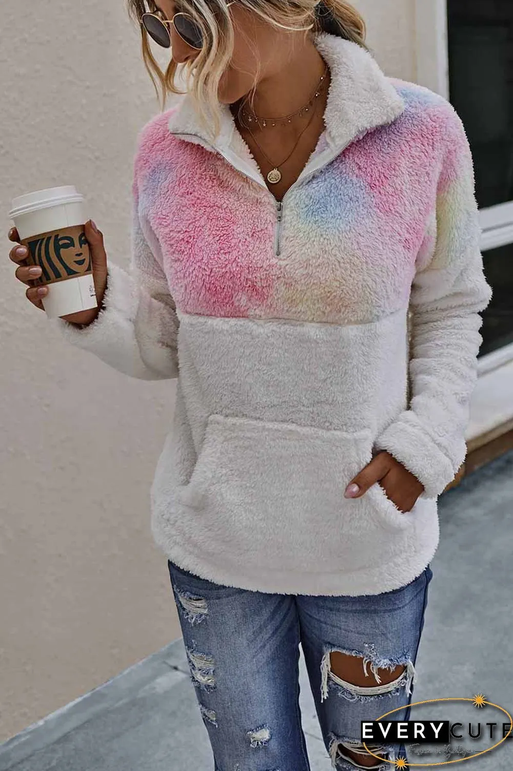 Tie-Dye Stitching Plush Top With Pockets