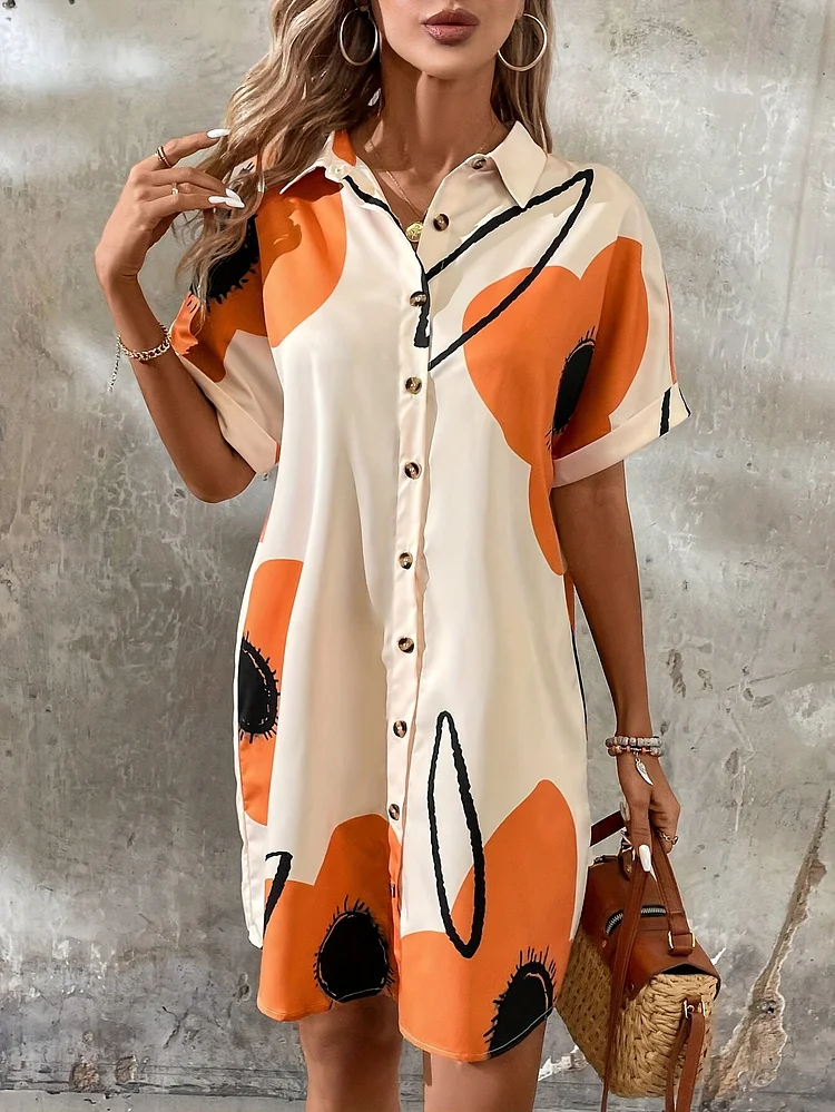 Chic Button-Up Shirt Dress With Vibrant Abstract Print - Casual Short Sleeve, Breathable Polyester Blend, Perfect For Spring/Summer - Women's Fashion