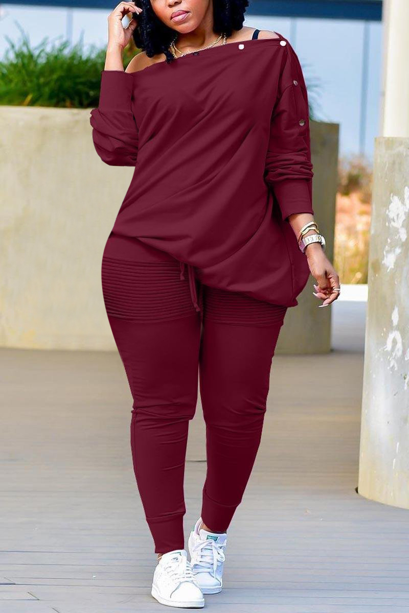 Plus Size Casual Burgundy Long Sleeves Oblique Collar Two Pieces Set