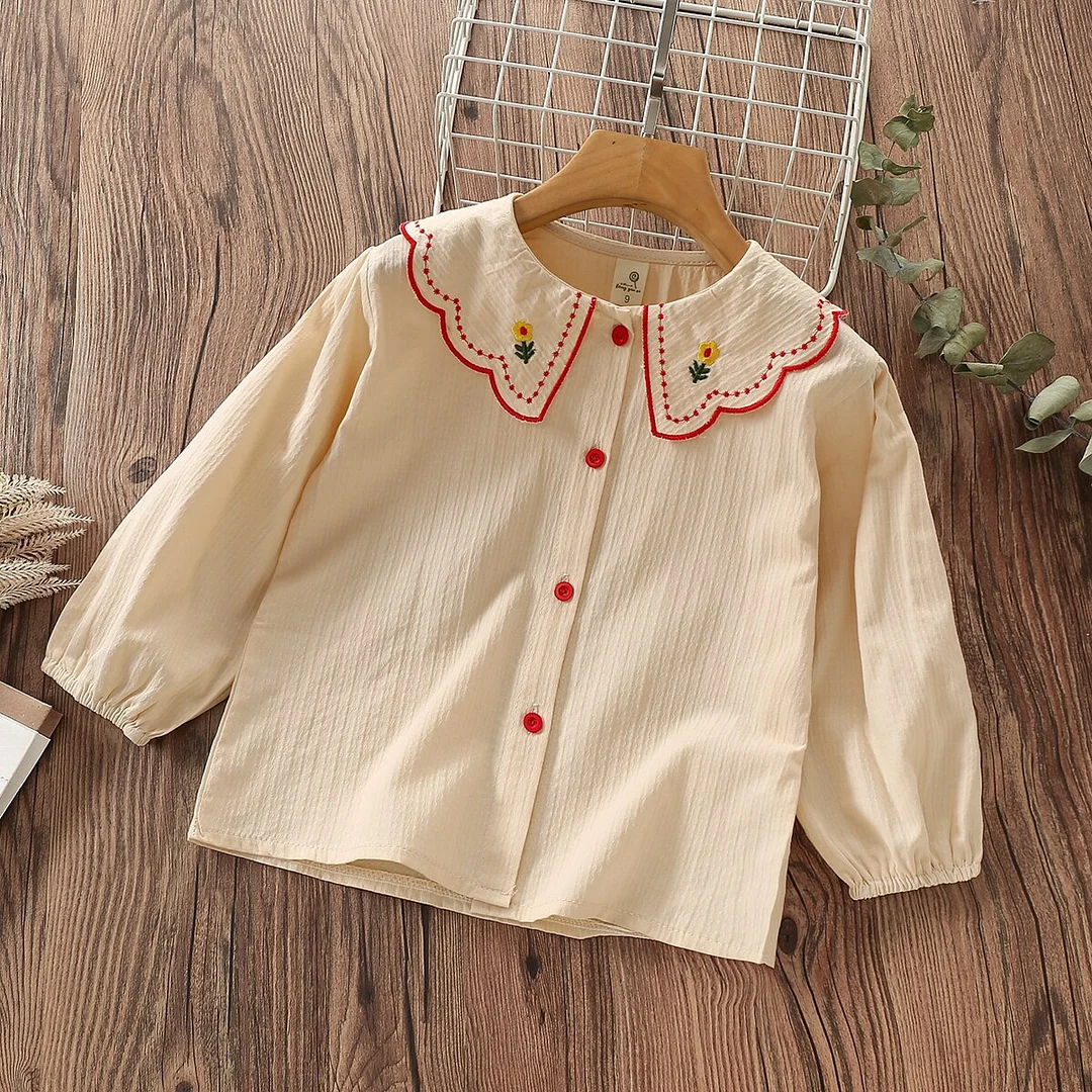 Baby Shirts Girls Blouses Flower School Uniform Spring Long Sleeve Cotton Wear Kids Clothes Toddler Children Tops 3 4 6 8 Years