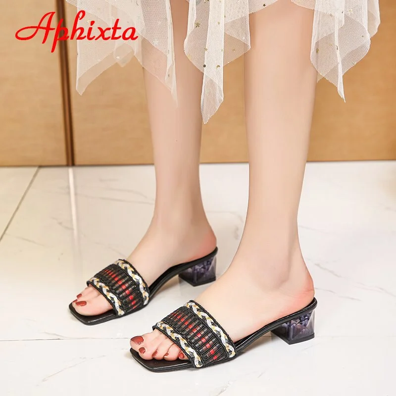 Aphixta Summer Slippers Women 5cm Transparent Square Heels Mules Women Peep Toe Flip Flops Shoes Plus Size 44 45