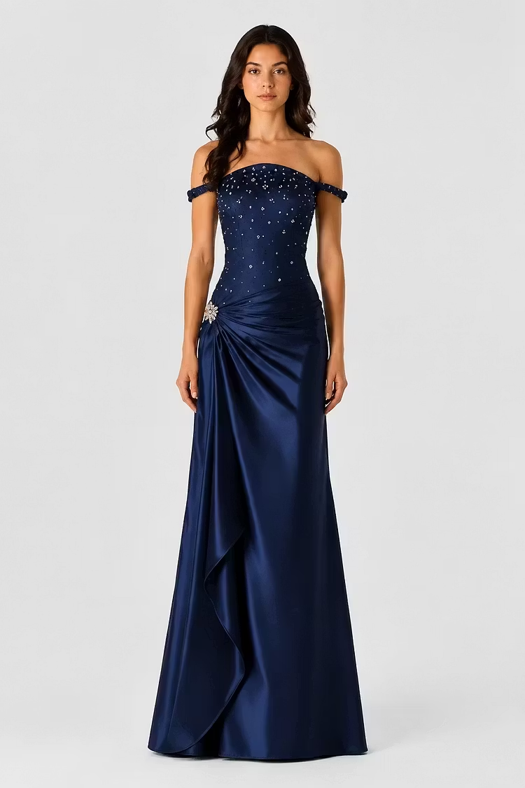 Lussooy Luxurious Navy Blue Satin Off the Shoulder Beaded Bowknot Pleated Prom Dress 