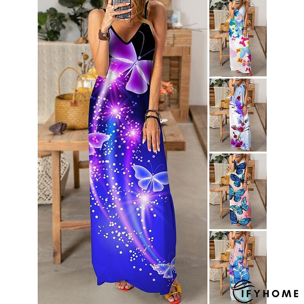 Women's Long Dress Maxi Dress Casual Dress Slip Dress Print Dress Animal Butterfly Casual Outdoor Daily Beach Backless Print Sleeveless V Neck Dress Regular Fit Pink Royal Blue Blue Spring Summer S M | IFYHOME