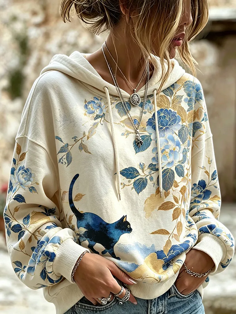 Comstylish Women's Bohemian Retro Black Cat Blue Peony Gold Flower Print Loose Casual Pullover Sweatshirt
