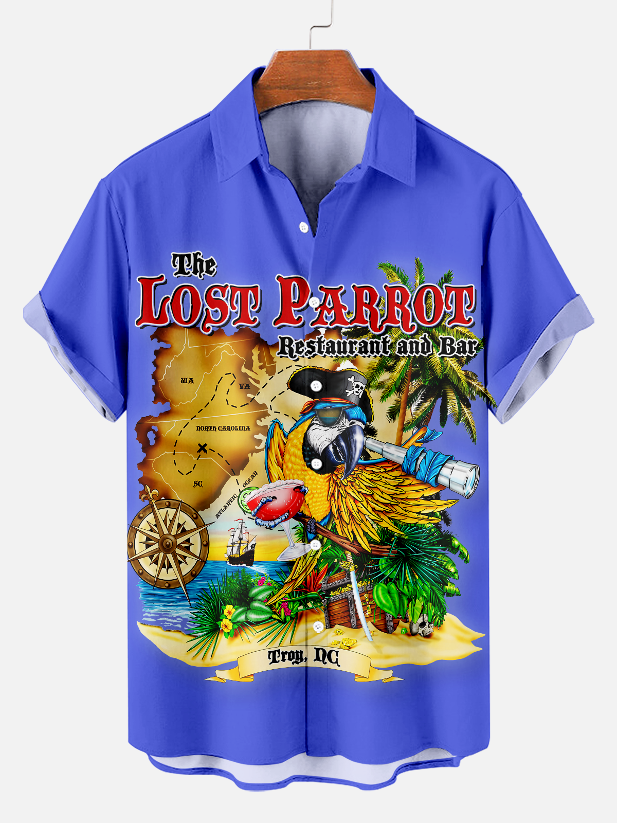 Men's Hawaiian TiKi Totem Parrot Pirate Mr. Cartoon Map Print Shirt PLUSCLOTHESMAN