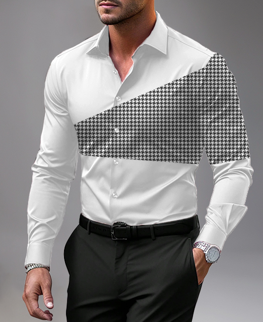 Business Turndown Collar Button Up Houndstooth Splicing Shirt