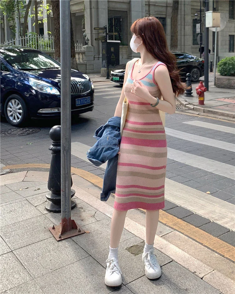 Uveng Uveng Dopamine Striped Knitted Sling Dress Autumn New Korean Version Of The Famous Mid-Long Waistcoat Skirt Trend