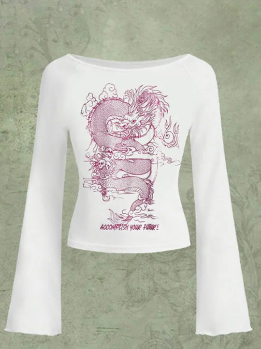 Y2K Dragon Pattern Long Sleeve T-Shirt Women'S New Top Trend Direction