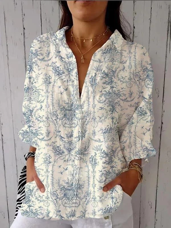 Women's Retro Palace Style Blue Curly Print Casual Linen V-neck Shirt