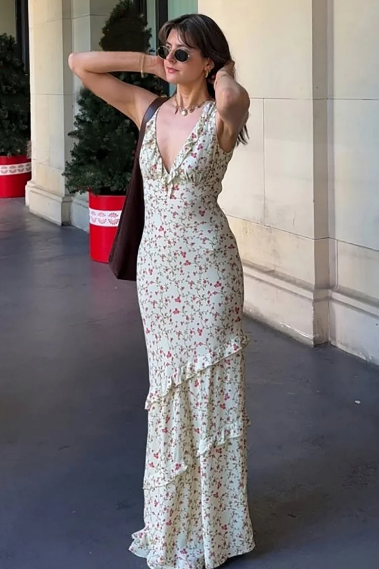 Ditsy Floral Print Deep V Neck Slim Fit Ruffled Sleeveless Maxi Dresses-White