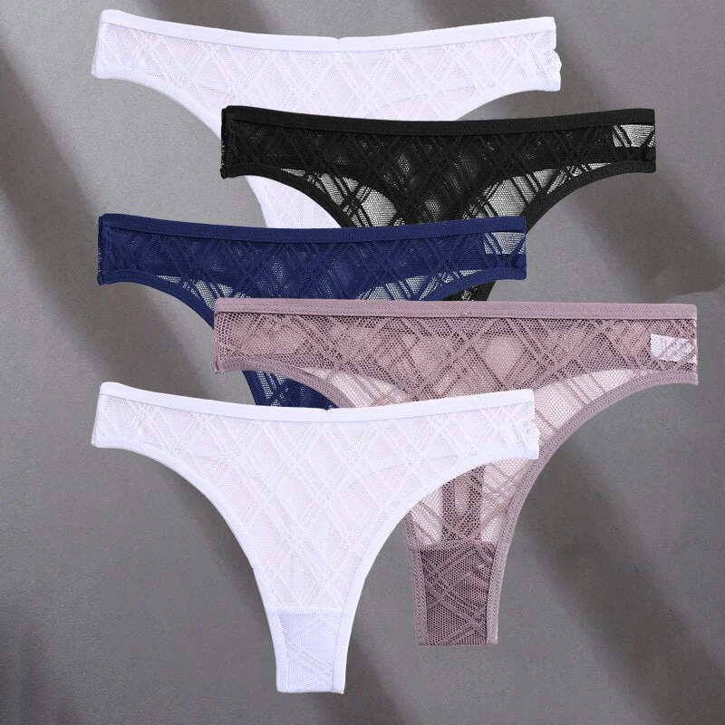FINETOO 5PCS/Set Lace Sexy Women Thongs Floral Perspective G-string Lingerie Panties Low-Waist Femme Girls Underwear Mesh Pantys