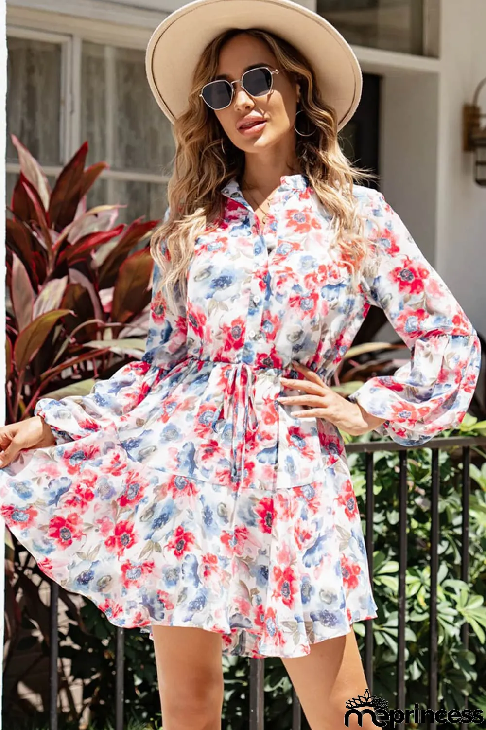 Sky Blue Vintage Floral Print Drawstring Flowy Dress