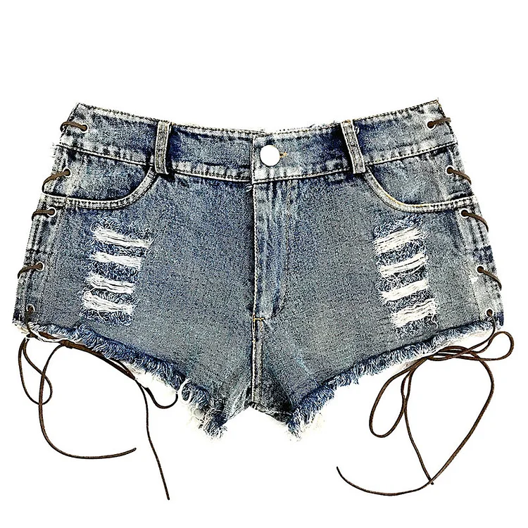 Pure Color Lace Up Denim Shorts - Modakawa Modakawa