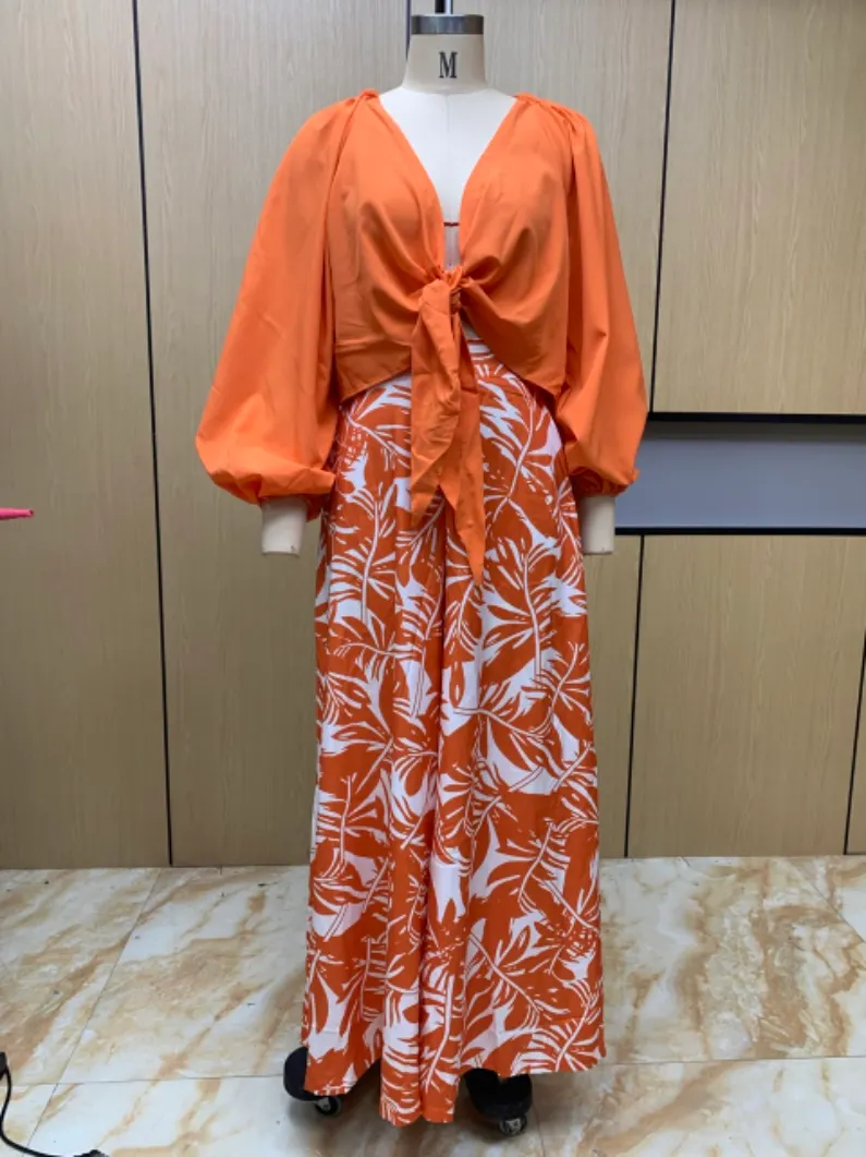 Autumn Arrival Women Printed Pants V neck Top Long Sleeve Two Piece Set