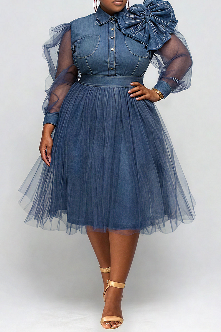 Xpluswear Design Plus Size Semi Formal Tulle Blue Shirt Collar Long Sleeve 3D Elegant See Through Denim Midi Dresses [Pre-Order]