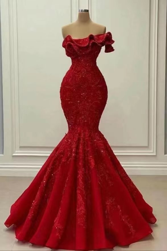 Red Elegant Strapless Mermaid Sequins Prom Dress On Sale ED0371