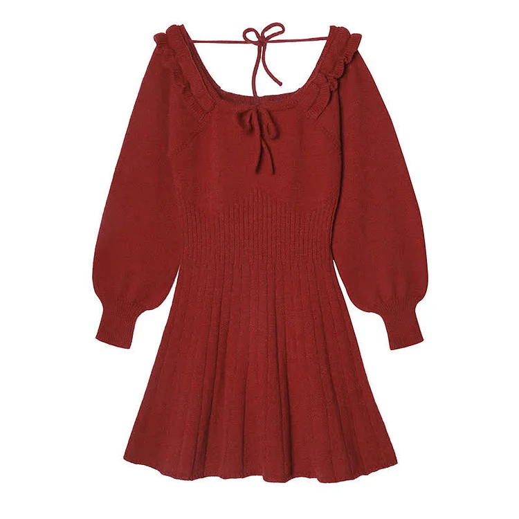 Lace Up Ruffled Pure Color Knit Sweater Dress - Modakawa Modakawa