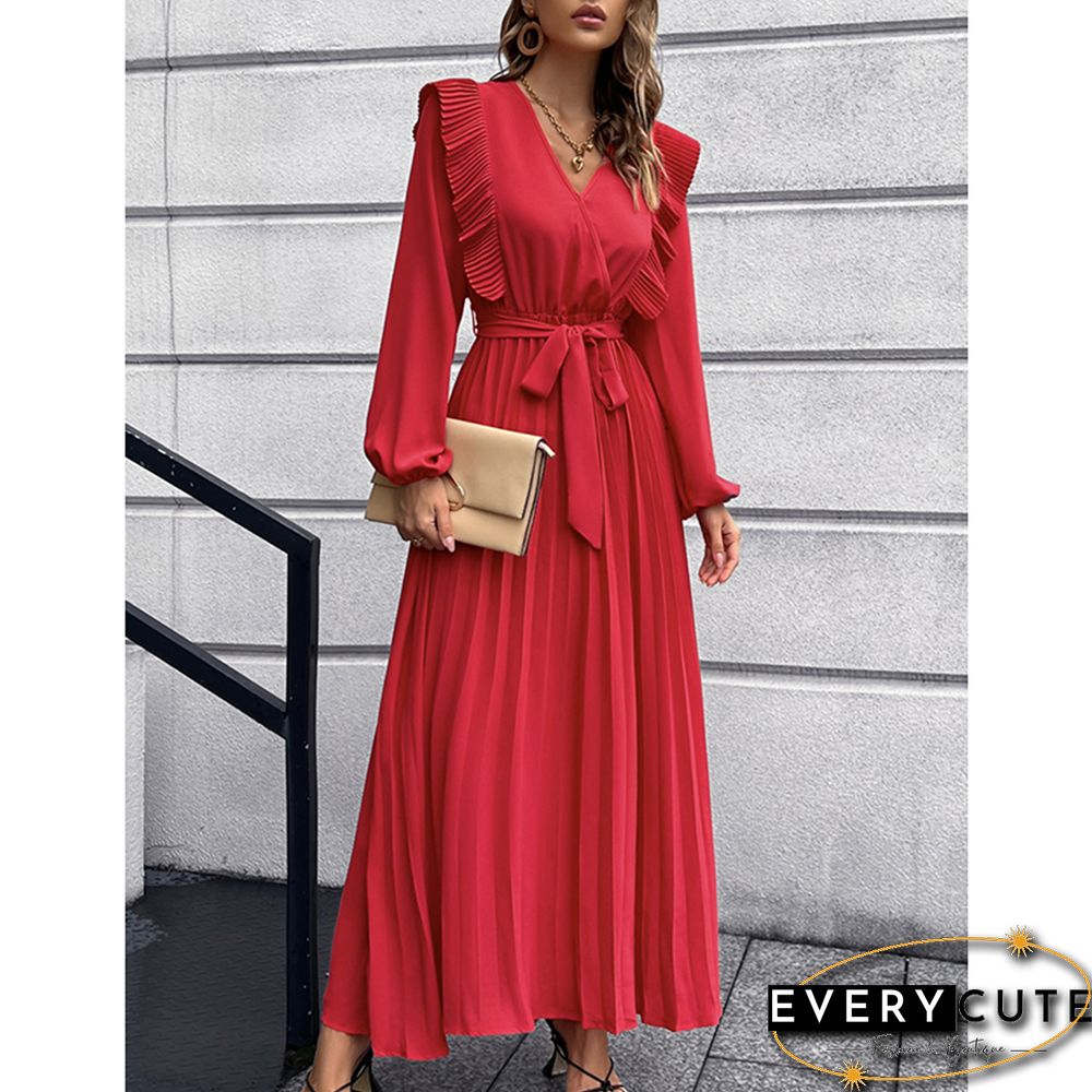Red V Neck Pleated Tie Waist Swing Maxi Dress