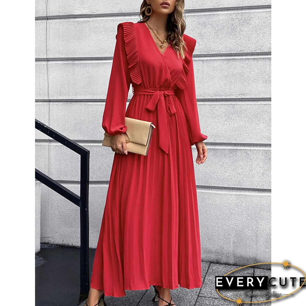Red V Neck Pleated Tie Waist Swing Maxi Dress