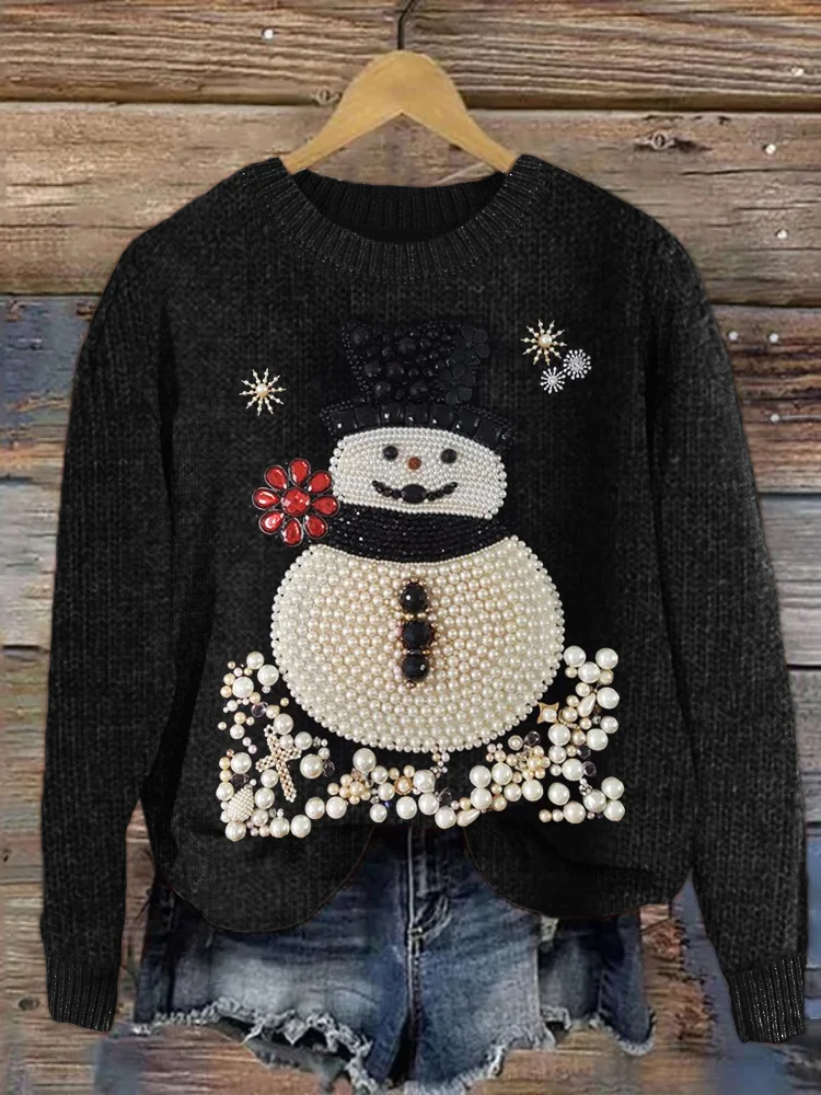 Elegant Christmas Snowman Jewel Art Cozy Knit Sweater