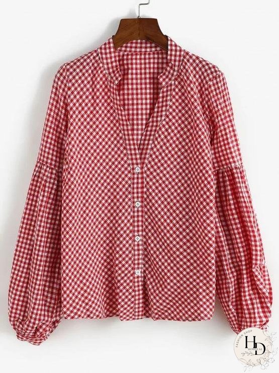 Button Up Gingham Lantern Sleeve Shirt for Women
