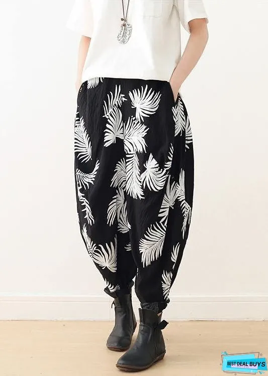 Women White Print Elastic Waist Cotton Pants
