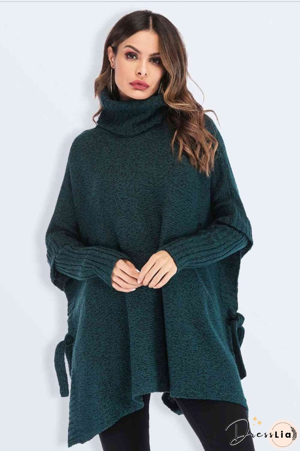 Tied Turtleneck Asymmetrical Hem Sweater