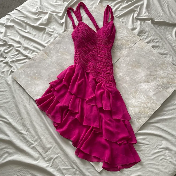 Purple Magenta Fashion Elegant Pleated Corset Midi Short Mini Asymmetric Chiffon Ruffle Homecoming Dress Prom Dress Evening Dress Party Dress Dance Dress