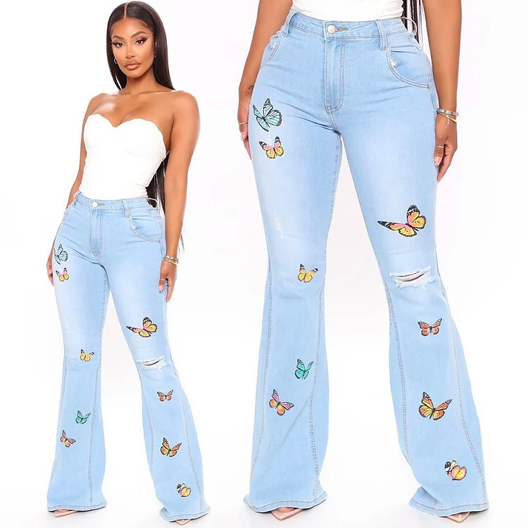 🔥Buy 2 Free Shipping🔥Butterfly Print Ripped High Waist Flare Jeans