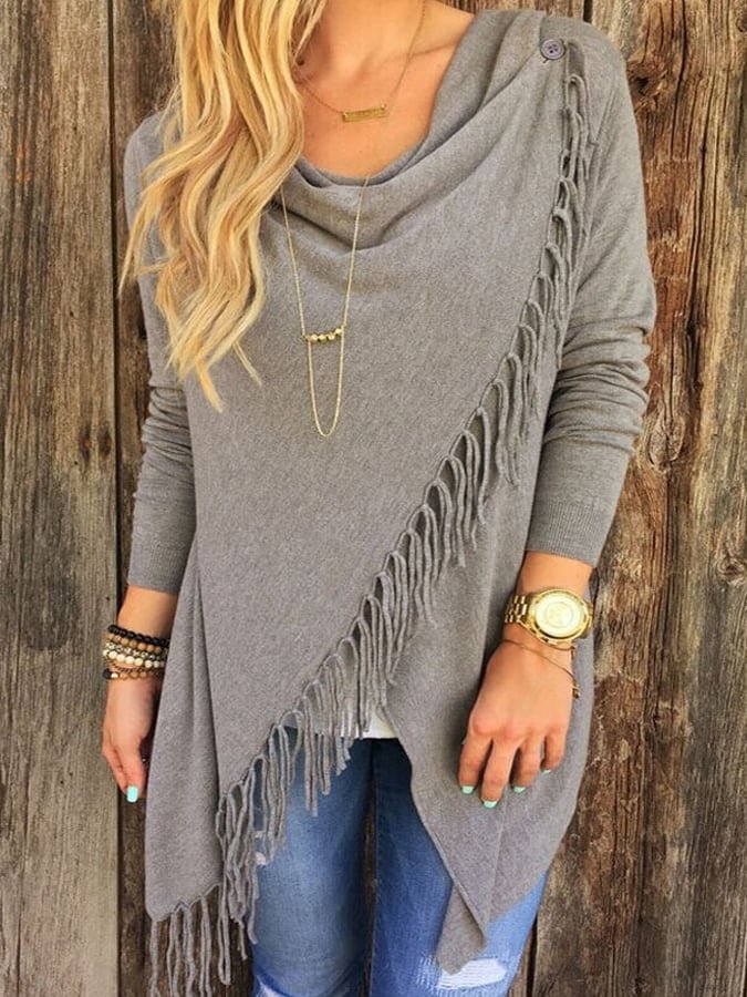 Women's Casual Vintage Solid Tassel Irregular Top