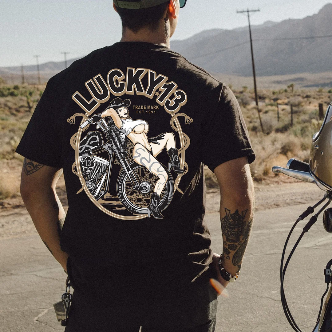 LUCKY 13 Sexy Motorcycle Lady Print Men's T-shirt
